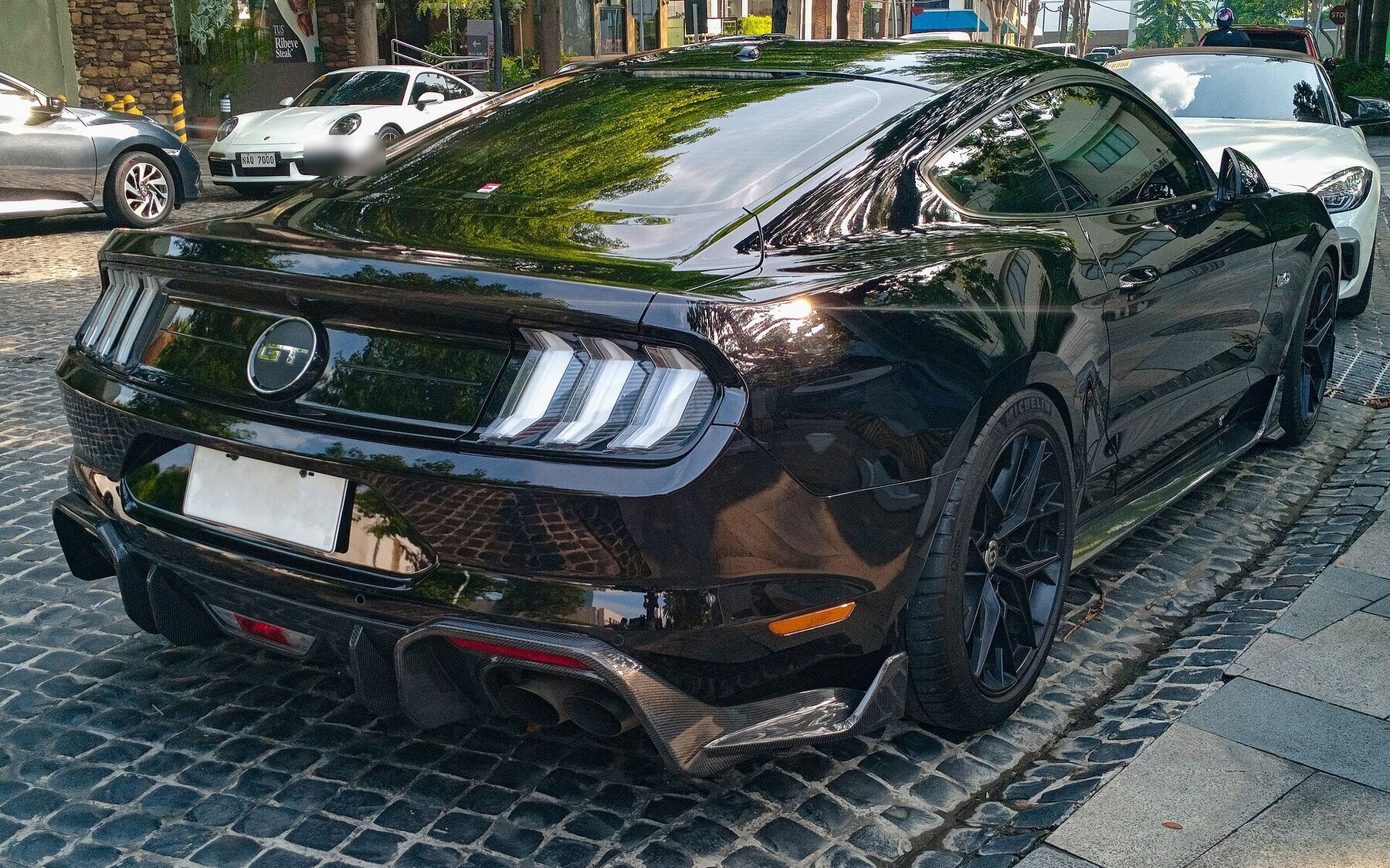 2020 Ford Mustang 5.0 GT V8 in Shadow Black, rear right, 06-23-2024