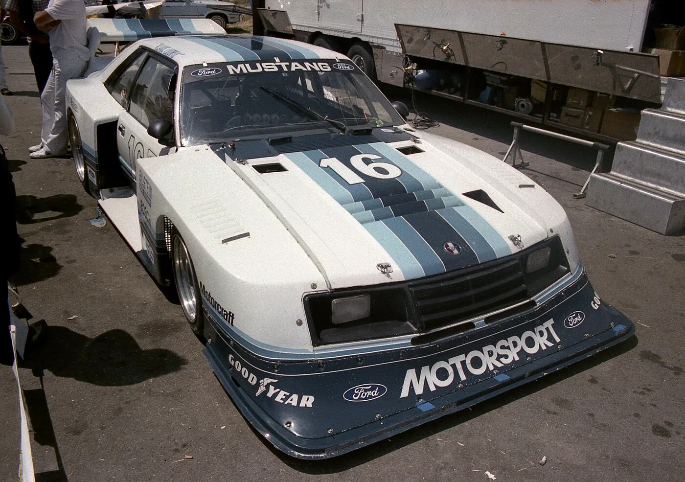 Zakspeed Roush Mustang Turbo in the Laguna Seca paddock in 1982